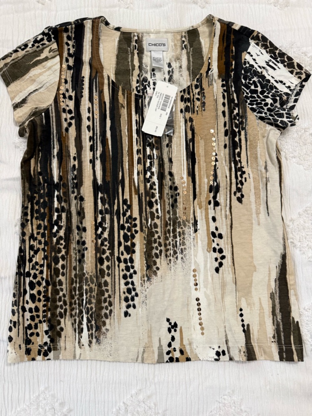 Chico's Short Sleeve Printed Tee in Neutral Black, Brown, Cream